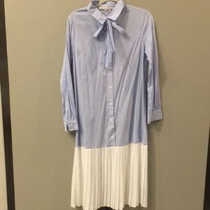 Pinstripe dropped waist pleated dress